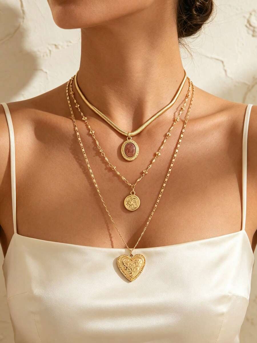 3pcs/Set Vintage Luxury Gold Chain Layered Heart Pendant Necklace, Fashionable Niche Jewelry For Women, Suitable For Daily Wear, Party, Music Festival And Gathering, Chain Length Cut By Sections With Variable Number - Multicolor - View 1