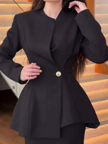 Women's Elegant Commute Long Sleeve Open Front Waist-Cinching Blazer (With Shoulder Pads) Solid Color Office Daily Autumn/Winter - Black - View 9