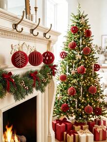 6pcs Burgundy Christmas Tree Hanging Ornaments, Merry Christmas Decorations, Glitter Gold Pattern Burgundy Christmas Ball Decor, Christmas Ball, Christmas Hanging Ornaments, Home Christmas Decor, Christmas Decoration, Christmas Holiday Decor, Christmas Gift, Christmas Tree Decoration, Christmas Party Supplies - Red Gold Thread - View 3