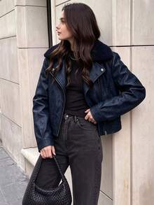 Fall Vintage Navy Fleece Collar Moto Cropped Jacket For Women, Asymmetric Zipper Loose Biker Outerwear For Work Party - Blue - View 10