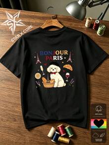 BONJOUR PARIS Romantic Chic Cotton Poodle & Eiffel Tower Print Graphic T-Shirt For Spring Travel And Vacation - 黑色 - 查看 1