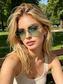 1pc Oversized Metal Frog-Shaped Fashion Glasses, Premium Rimless Street Style Versatile Women's Eyewear - Gold Frame Double Green - View 2