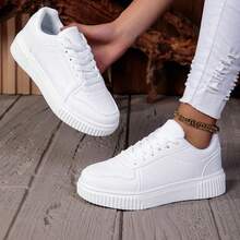 Women's Pure White High-Top Skate Shoes, Thick Sole Height-Increasing Athletic Shoes, Lace-Up Comfortable Non-Slip Casual Sports Shoes, Versatile Daily Campus Street Shoes - All White - View 2