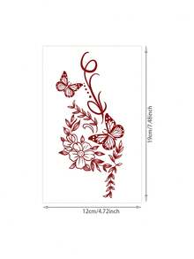 1 Sheet Burgundy Fine Line Curved Vine Butterfly Floral Side Waist Vertical Temporary Tattoo Sticker, Waterproof Long-Lasting Bloom Fake Tattoo, Body Art Decal For Hip Calf Rib Side Upper Arm - Red - View 5