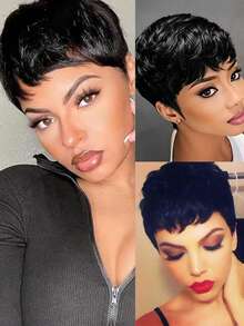 Wig Pendek Sintetis Hitam untuk Wanita, Potongan Pixie dengan Poni, Warna Hitam Alami, Lurus, Tebal, Buatan Mesin, Pendek Berlapis untuk Penggunaan Sehari-hari - MultiWarna - View 8