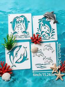 9件組海洋生物圖案模板，尺寸15.01 X 15.01cm，海洋主題，適用於繪製海洋動物、DIY圖案、美人魚，木製模板，適用於剪貼簿、繪畫、描圖、家具、牆面手工藝製作，也適用於學校用品和返校季活動 - 彩色 - 查看 8