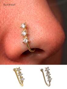 1pc Copper Material Rhinestone Decorated Silver Plated Fake Nose Ring Clip, 3 Zirconia Stones, Butterfly Style Fashion Body Jewelry, Suitable For Women - Yellow Gold - View 2