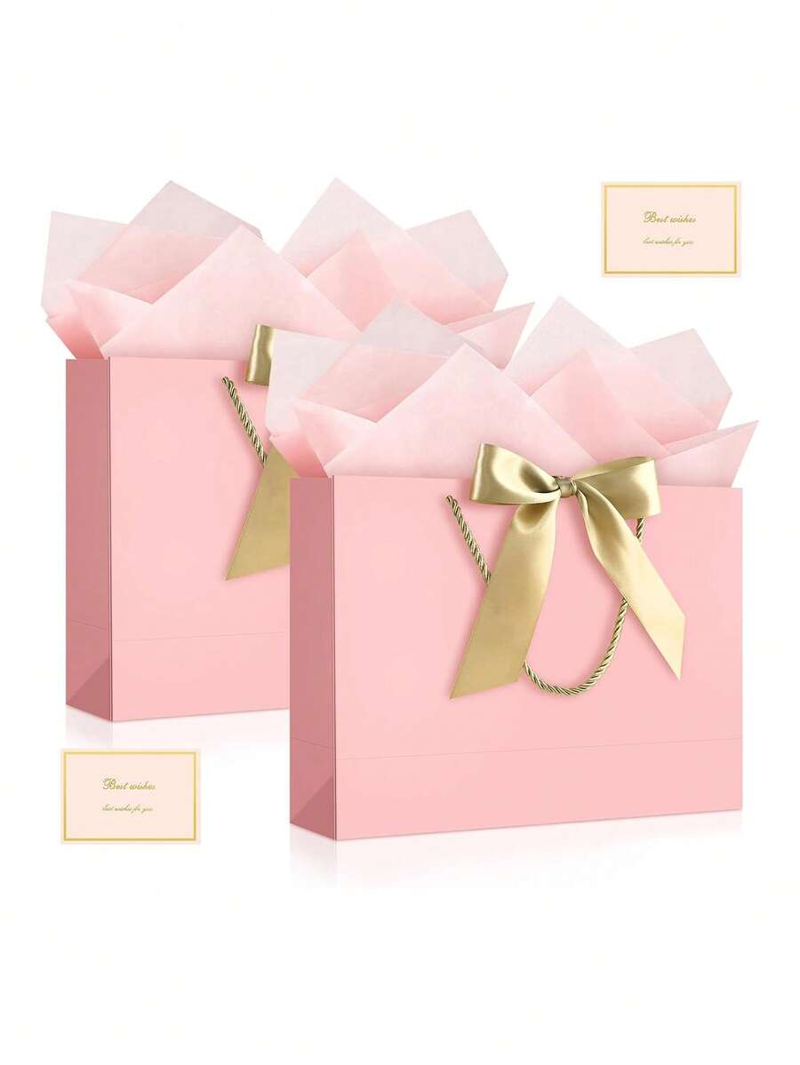 4pcs/Set Gift Bags With Handles, Small Gift Bag For Presents, Bags With Tissue Paper And Cards For Baby Shower Wedding Bridal Shower Mother's Day Birthday Party (White-Silver) - Multicolor - View 1