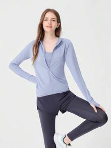 CAMEL CROWN Women's 4-Piece Yoga Running Sports Set, Premium Long Sleeve Spring Workout Outfit, Quick-Dry Breathable Fitness Apparel - Sky Blue/nautical Blue - View 3