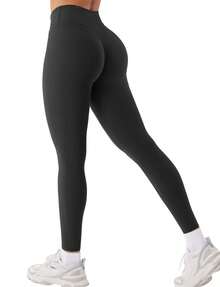 VOYJOY Womens Scrunch Workout Leggings Compression Butt Lifting Mid High Waist 26 Inches Seamless V Back Yoga Pants - 黑色 - 查看 2