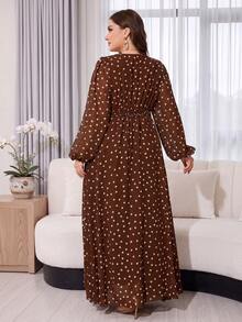 Women's Vintage Brown Polka Dot Dress, Overlap Collar, Bishop Sleeves, Flared Hem, Elegant Plus Size Soft Dress Vacation Summer - Coffee Brown - View 2