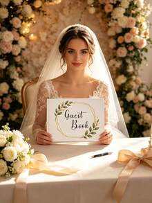 1pc Mori Style Gold Frame Green Leaf Wedding Guest Book, White Hardcover Foil Stamped Botanical Wreath Guest Message Memorial Album, With Pink Ribbon Bookmark, Minimalist Fresh Ins Style Wedding Decor, Suitable For Western Wedding, Engagement Party, Anniversary Party, Outdoor Lawn Wedding Guest Signature Keepsake, Watercolor Branch Leaf Geometric Gold Edge Design Cover, Elegant And Sophisticated - A - View 4