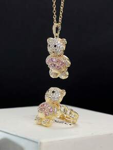 2Pcs 14K Gold Plated High Quality Full Zirconia Women's Jewelry Little Bear Pendant Necklace & Bear Ring For Weddings, Anniversaryn, Birthday Gifts - Teddy Bear Set - View 5