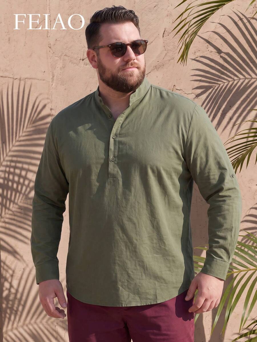 FEIAO Men's Loose Fit Vintage "Old Money Style" Solid Color Stand Collar Shirt, Linen-Like Fabric, Suitable For All Seasons - Army Green - View 1