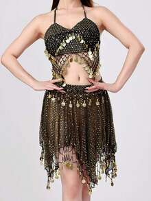 2pcs Belly Dance Costume Set Sequin Coin Tassel Halter Top + Sequin Coin Tassel Skirt, Flamenco Outfit, Suitable For Halloween, Carnival, Holiday, Rave, Festival, Stage Performance, Birthday Party, Dinner, Nightclub, Night Wear, Performance Dress - Multicolor - View 12