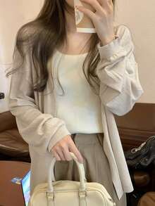 Jaket Sweater Rajut Kasual Lengan Panjang Warna Polos Gaya Korea untuk Wanita di Awal Musim Semi, Santai dan Serbaguna - Aprikot - View 2