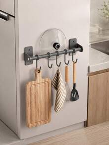 Drill-Free/Drillable Kitchen Hanging Hook Rack, Wall-Mounted Cookware Hanging Rack, Suitable For Pots, Spatulas And More, Space-Saving Kitchen Storage Organizer, Won't Damage Walls, Easy Installation, Saves Kitchen Space - Black - View 4