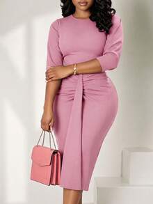 NOU Women's Mid-Length Pleated Dress With Waist Sash Decor, Formal Church Attire, Elegant Workwear, Fashion Green Solid Color Pleated Midi Dress, Wais - Pink - View 4