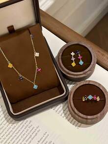 4pcs/Set Dopamine Four-Leaf Clover Colorful Necklace, Earrings, Ring Set, Four-Leaf Clover Shaped Micro-Inlaid Colorful Zirconia, Light Luxury Niche Design, Suitable For Women's Daily And Evening Wear, Perfect Gift Choice For Girlfriend/Friend/Mom On Holidays - Multicolor - View 1