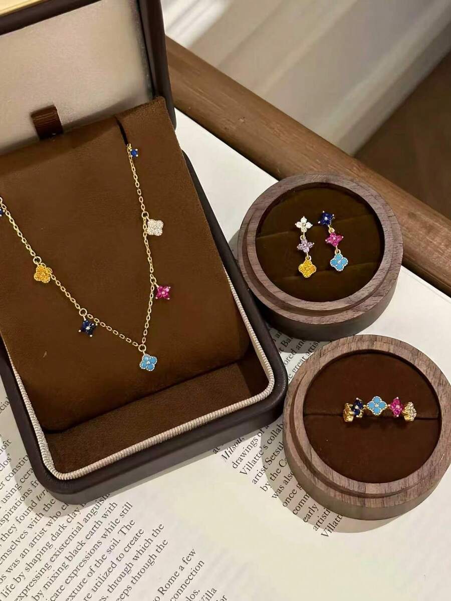 4pcs/Set Dopamine Four-Leaf Clover Colorful Necklace, Earrings, Ring Set, Four-Leaf Clover Shaped Micro-Inlaid Colorful Zirconia, Light Luxury Niche Design, Suitable For Women's Daily And Evening Wear, Perfect Gift Choice For Girlfriend/Friend/Mom On Holidays - Multicolor - View 1