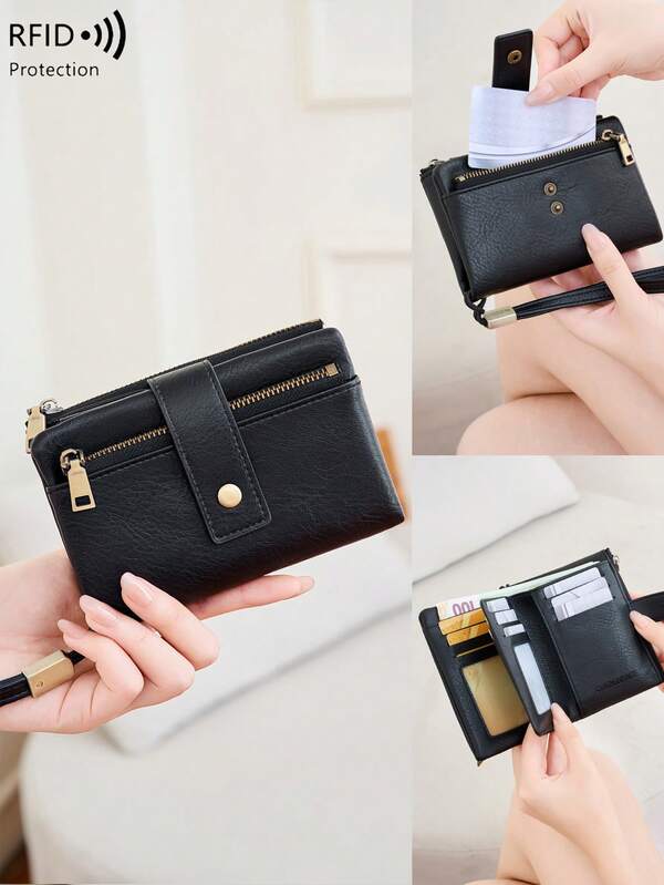 Billetera de cuero con bloqueo RFID antirrobo CHARM INFINITE para damas, portacarteras múltiple con doble cremallera, monedero con correa de muñeca, bolso de mano portátil para uso diario