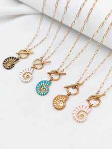 1pc 18K Gold Plated Bohemian Ocean Style Stainless Steel Enamel Conch Shell Pendant Necklace With Lobster Clasp - Multicolor - View 1