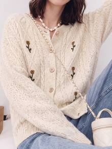JIANHU 女款奶油色麻花刺繡扭繩針織開襟衫，復古柔軟鈕扣針織上衣，秋季款 - 杏色 - 查看 4