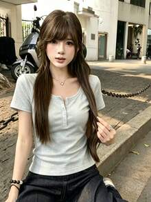 Solid Color Regular Shoulder Short Sleeve Women's Versatile Round Neck Slim Fit Flattering Elastic White Semi-Sheer T-Shirt Top Summer Casual - Light Grey - View 6