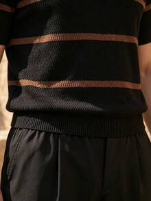 ALTZTAR Men's Striped Half-Zip Polo Shirt, Textured Knit Short Sleeve Top For Summer - Black - View 6