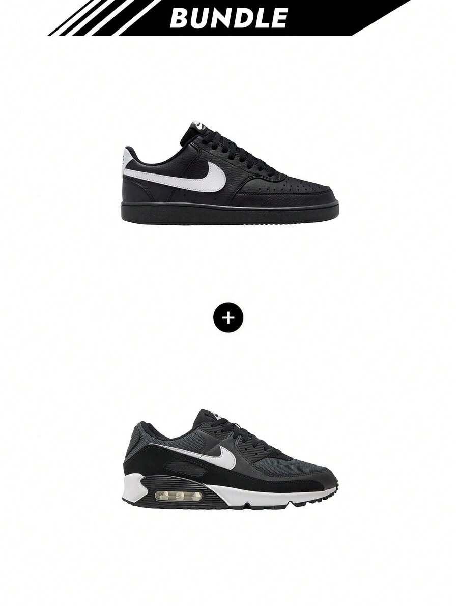 Nike [Bundle] DUNK Court Vision Men's Sneakers Black/Black/White FZ0630-010 + Air Max Air Max 90 Men's Shoe Iron Grey / Dark Grey / Black / White CN8490 002 - Black+IronGrey - View 1
