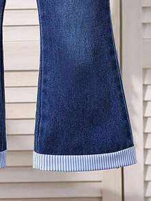 Young Girl Cartoon Print 2 In 1 Shirt Collar Long Sleeve Sweatshirt And Denim Jeans - Blue - View 4