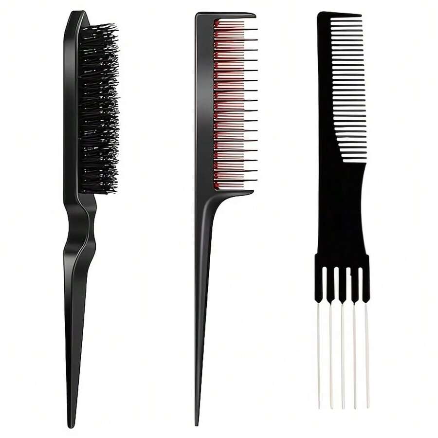 3pcs Hair Styling Comb Set | Teasing Backcombing Brush + Stainless Steel Pin Rat Tail Parting Comb + 5 Prong Root Lift Pick Comb, Salon & Household Hair Braiding Volumizing Tools - Black - View 1