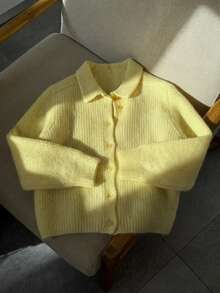 EAVA Autumn Winter Pastel Yellow Sweater Lapel Neck Button Front Knitwear Ribbed Cardigan Coat Slouchy Quiet Luxury Casual Pullover - Yellow - View 8