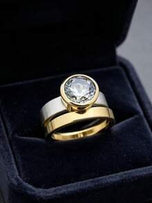 2pcs Elegant Stackable 14k Gold Plated Rings, Inlaid With Sparkling Synthetic Cubic Zirconia, Engagement/Wedding Rings, Evening Party Decoration, Luxury Jewelry Gift For Your Loved One - Gold - View 2