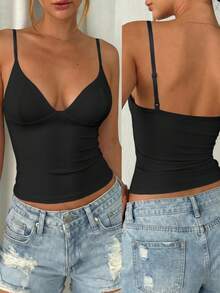 Atasan Camisole Wanita Polos Model Pas Badan Kasual Hitam untuk Musim Panas - Hitam - View 11