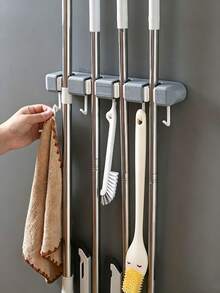 1PC No-Drill Strong Adhesive Mop Holder Rack, Wall-Mounted Mop Clip Holder With Traceless Sticker - Grey - View 2