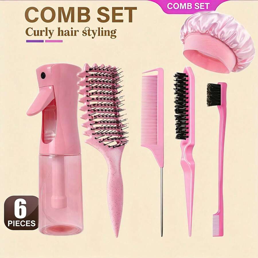 1pc/6pcs Curly Hair Styling Comb Set, Pink Portable Salon Hair Tools Kit, Includes Spray Bottle, Hollow Fluffy Brush, Pointed Tail Comb, Hair Padding Brush, Hairline Brush And Silk Bath Cap, Multi-Functional Hair Care Accessories For Women's Daily Hairstyling - Thickened version - View 1