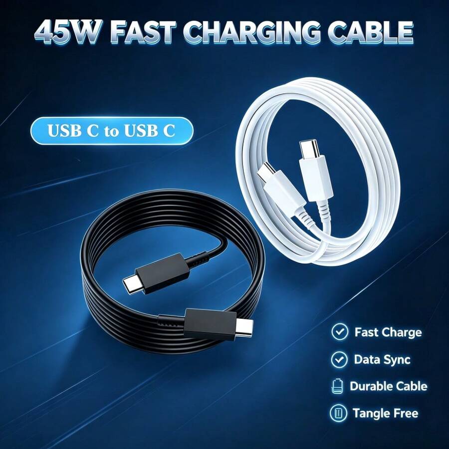 45W USB C 轉 USB C 超快充數據線,5A 耐用防纏繞充電線,適用 /Galaxy/筆記本電腦/平板系列,黑白配色 - 黑色 - 查看 1