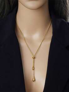 1pc Stainless Steel Water Drop & Heart Pendant Long Adjustable Necklace, Suitable For Daily Wear - Gold - View 2
