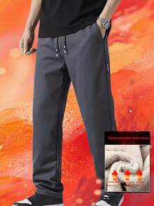 بنطال رجالي شتوي دافئ بساق مستقيمة، مبطن بالكشمير السميك، خصر برباط وجيوب جانبية، مناسب للطقس البارد كبنطال كاجوال دافئ - متعدد الألوان - مشاهدة 3