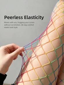 Rainbow Gradient Large Mesh Fishnet Tights, High Elasticity Breathable Snag-Resistant Y2K Millennium Hot Girl Music Festival Personalized Colorful Mesh Stockings - Multicolor - View 3