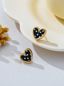 3 Pairs/1 Pair Fashion Black, White, Red Polka Dot Pattern Zinc Alloy And Acrylic Heart-Shaped Stud Earrings For Women, Suitable For Daily Wear - Multicolor - View 6