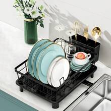 1 pieza Escurridor de platos automático, estante de almacenamiento de platos de cocina con soporte para cubertería, negro - Negro - Ver 3