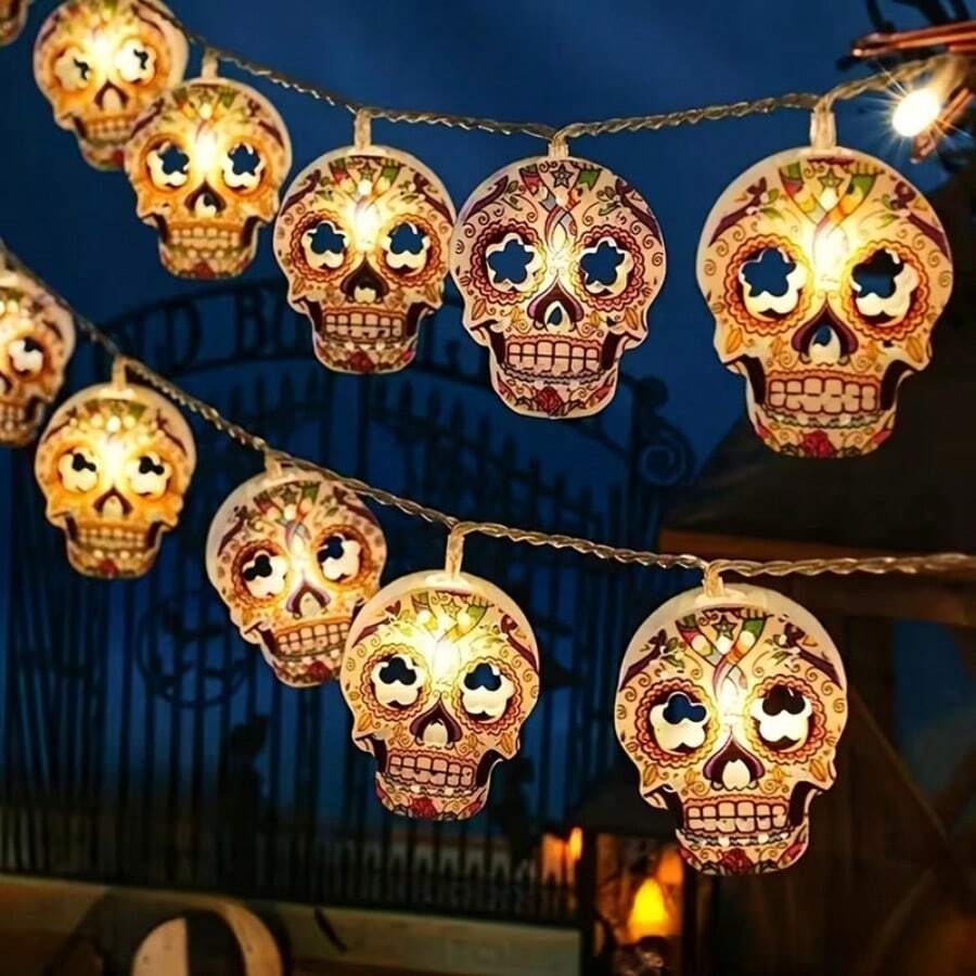 1pc 10 LED Skull String Lights With Vibrant Floral Pattern - Battery Powered (Batteries Not Included), Suitable For Halloween, Day Of The Dead, Haunted House And Home Decor - Plastic Material, Switch Control, No Plug Required, Halloween Decoration - Multicolor - View 1