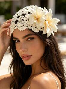 1pc Bohemian Vacation Style Floral Hollow Fishnet Hair Accessory Cap For Women, Elegant Hair Accessory For Beach Vacation And Daily Outings - Multicolor - View 2