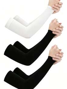 2pcs Black 1pc White Women's Fashion Minimalist Sun Protection UV-Resistant Moisture-Wicking Elastic Ice Silk Fabric Solid Color - 2 Black 1 White - View 2