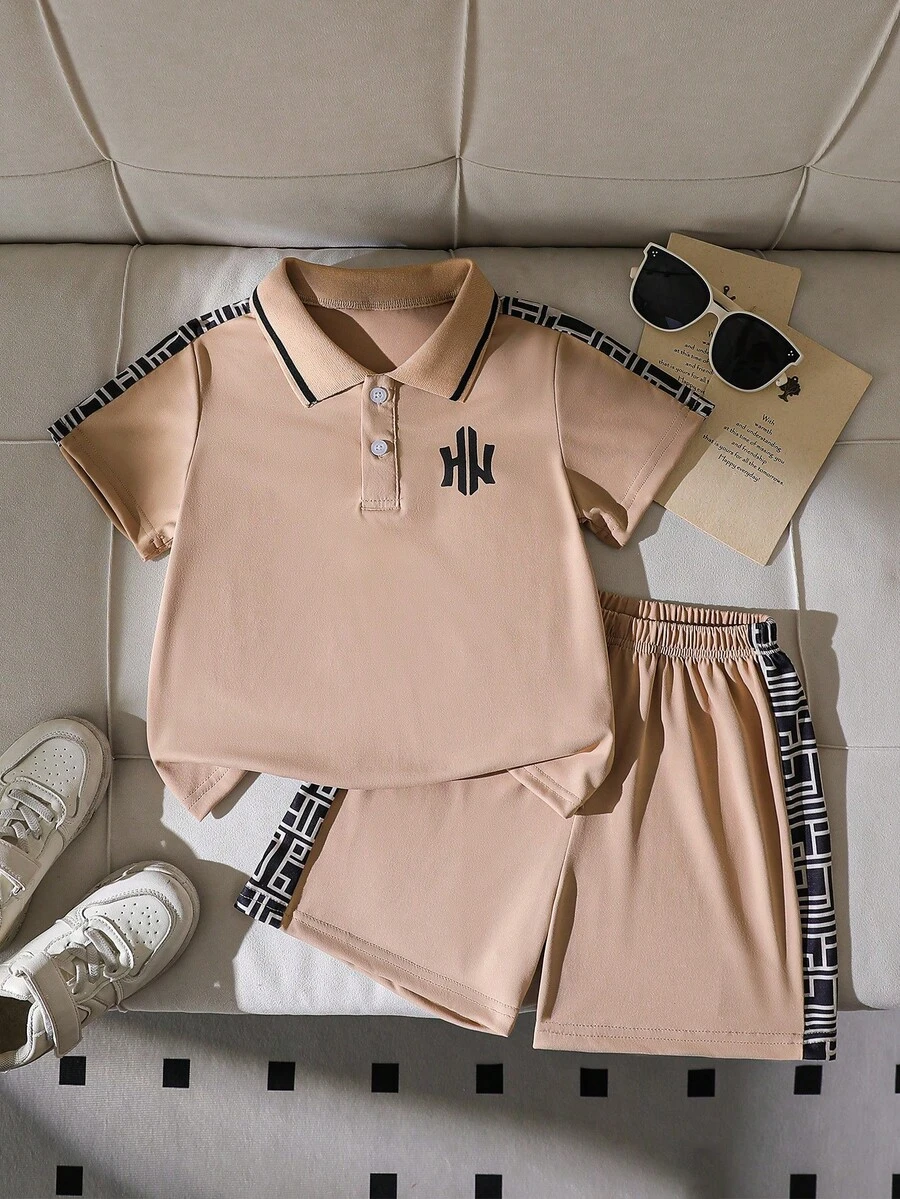 2pcs Young BoySummer Round Neck Short Sleeve Shorts Set, Fashionable Casual Minimalist - Khaki - View 1