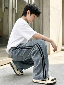 Boys' Denim Wide Leg Pants 2026 Spring/Autumn New Style Personalized Denim Long Pants For Big Kids - Medium Wash - View 2