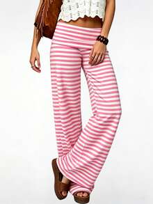 Fold Over Yoga Pants For Women Y2K Striped Low Rise Wide Leg Leggings Sweatpants Cozy Stretchy Foldover Lounge Pants Going Out Clothes - 粉色 - 查看 5