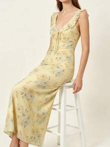 Women's Yellow Floral Print Long Dress, V-Neck Tie Front Sleeveless Fitted Summer Beach Dress, Ruffle Shoulder Straps, Vacation And Casual Summer Wear - Yellow - View 3